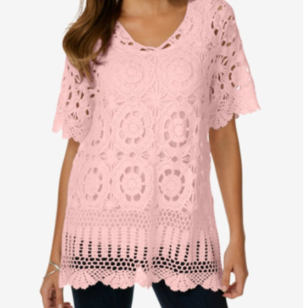 Crocheted sweater, tank, and skirt, soft blush, L